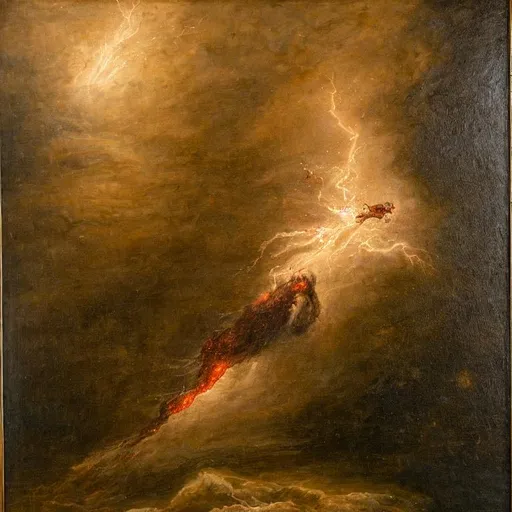 Prompt: Finely detailed somber painting of a devilish nonhumanoid spitting up blood while screaming upon a cliff.  At the bottom of the cliff there are dismembered bodies of angels and demons.   Subtle cyan hellfire | quasar | galaxies | cosmic| tearing of space and time | chaos | suffering | malevolence | grim | thin subtle cyan lightning | despair | UHD, 4K, 8K, 64K, extremely detailed