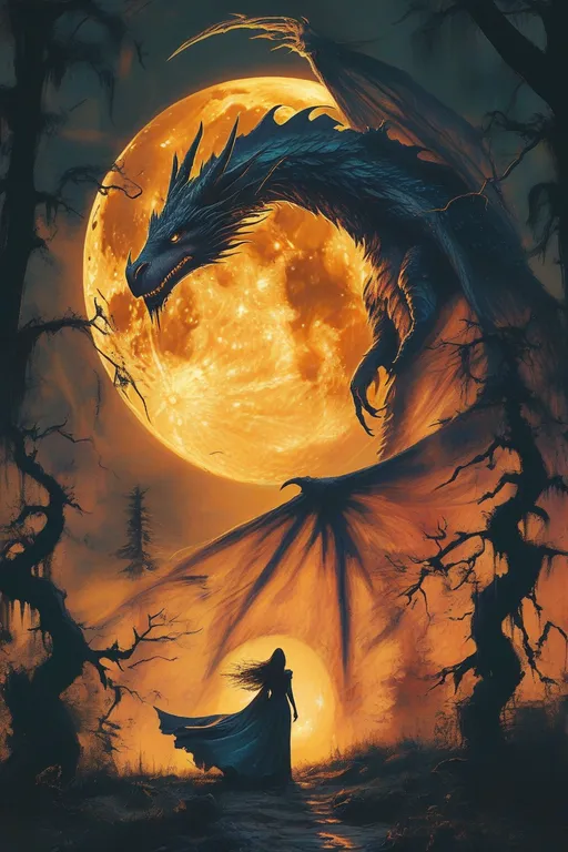 Prompt: A fierce woman standing proud in front of a majestic dragon, illuminated by a radiant full moon, casting silver light upon the scene. Gnarled trees with dark branches frame the backdrop, enhancing the mystical atmosphere. Emphasizing Anato Finnstark's unique style, the vibrant colors of the dragon’s scales contrast with the luminescent moonlight. Fantasy art, intricate details, captivating and dramatic poster art aesthetics, ultra-detailed.