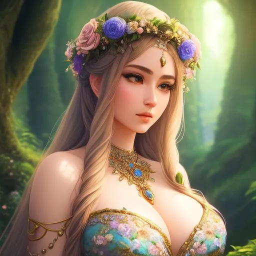 Prompt: a beautiful, goddess, landscape, detailed, floral, fantasy, landscape, floral, mushrooms, soft, pretty visuals, aestheticfull body and face focus, intricate details, exceptional detail, fantasy, ethereal lighting, hyper sharp, sharp focus, photorealistic portrait, detailed face, highly detailed, realistic, hyper realistic, colorful, unreal engine, Ultra realistic Huge cleavage, athletic body, Highly detailed photo realistic digital artwork. High definition. Face by Tom Bagshaw and art by Sakimichan, Android Jones" and tom bagshaw, Biggals