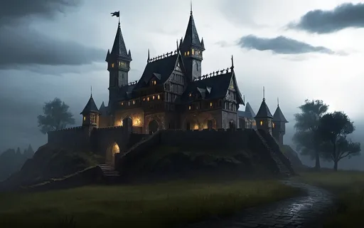 Prompt: Warhammer rpg style castle, night, eerie atmosphere, raining