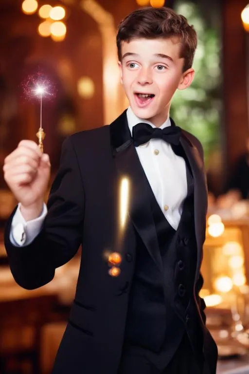 Prompt: 16 year old boy in a tuxedo walking through a restaurant casting a small sparkling spell with his magic wand