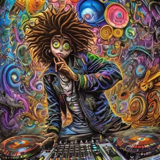 Prompt: Get funky street dancers rap grand master dj rap cartoon hyperdetailed Tim Burton Josephine Wall photorealism psychedelic art graffiti