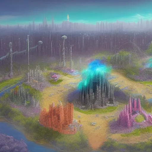 Prompt: concept art aerial view of underground fantasy city surrounded by acid lake