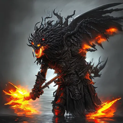 Prompt: Black battle axe with a flaming head, coming out of dark water, concept art, fantasy, photorealistic,