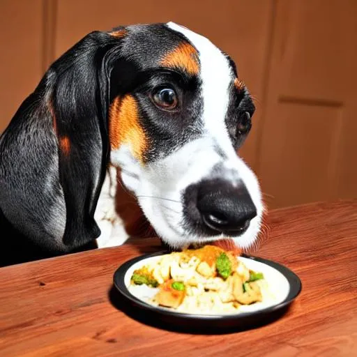 Prompt: Coonhound eating at table

