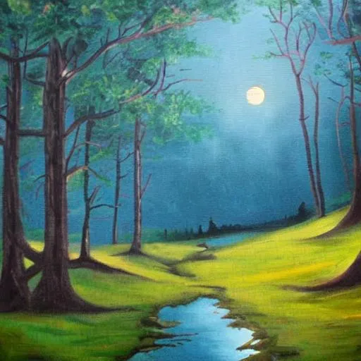 Prompt: twilight dramatic landscape forest painting




