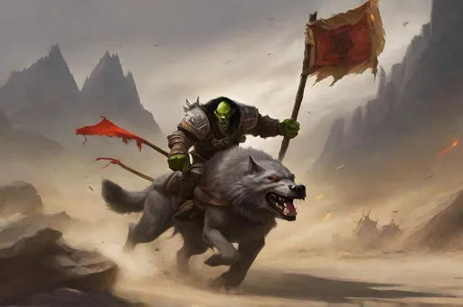 Prompt: a warcraft orc carrying a banner into battle, riding a wolf, charging across a dusty battlefield