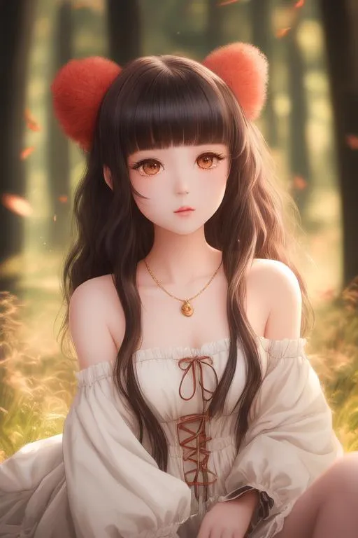 Prompt: medium portrait picture of 1 girl vintage anime, petite body,

masterpiece pastel ultra realistic 3D hyperrealism hyperdetailed off the shoulder red cotton fluffy string dress, highly detailed brown eyes, beautiful detailed face, highly detailed beautiful glossy lips, highly detailed intricate fluffy black hair, stray hairs, complex,

sitting in the old fantasy forest with glowing grass, autumn environment, cozy environment, vintage environment, fantastical nostalgic mood,

sad, iridescent reflection, cinematic light, back light, sunshine, sunlight, dramatic light, light reflection, 3D shading, 3D shadow,

impressionist painting,

volumetric lighting maximalist photo illustration 4k, resolution high res intricately detailed complex,

soft focus, digital painting, oil painting, heroic fantasy art, clean art, professional, colorful, rich deep color, concept art, CGI winning award, UHD, HDR, 8K, RPG, UHD render, HDR render, 3D render cinema 4D, Makoto Shinkai, Degas Style Painting