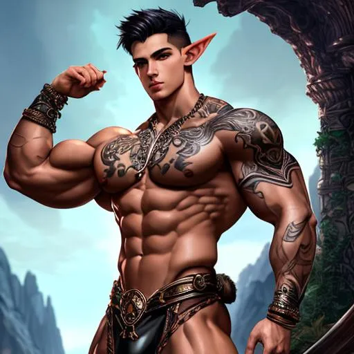 Prompt: fantasy art, illustration, intricate, hyper-detailed,  bare chested strong muscular, attractive male, bodybuilder, boy, male warrior character, muscular jawline, elf, long elf ears, beautiful face, beautiful, masculine face, full body pose, high resolution, leather thong,  detailed images, clear sharp resolution, short hair, black swirl tattoos, no-armor, barbarian, sword, Joe Madureira, muscular chest, gigachad, big shoulders, hulking