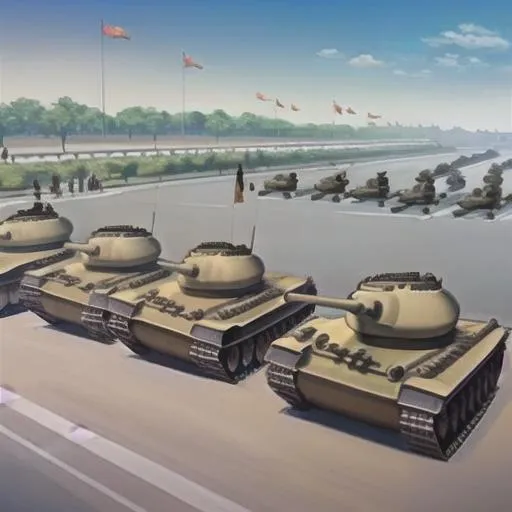 Prompt: Tiananmen Square, HD, 4K, hyper realistic, tanks in a row, PLA soldiers marching in front of tanks, cctv footage