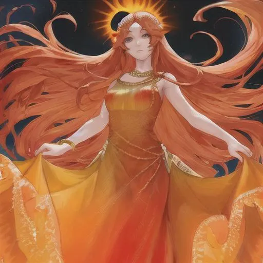 Prompt: butiful queen, very long red hair, orange and yellow dgradation long dress, sun and fire