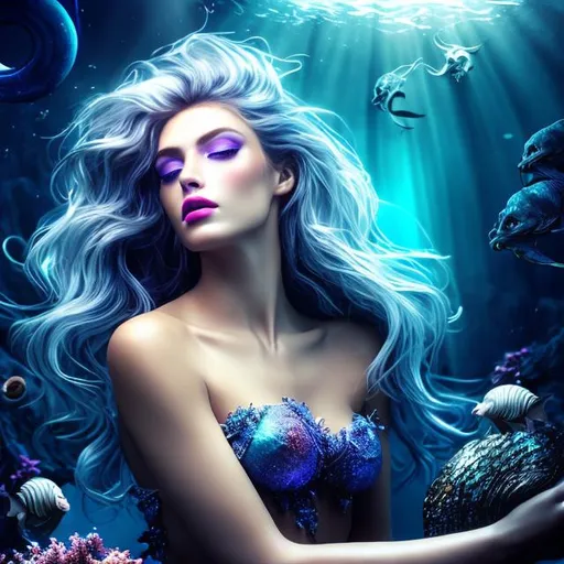 Prompt: HD 4k 3D 8k professional modeling photo hyper realistic beautiful woman ethereal greek goddess of the deep sea
indigo hair dark blue eyes gorgeous face black skin navy shimmering dress mermaid tail full body seashell crown surrounded by deep sea magical glowing light hd landscape background of enchanting mystical fish and coral