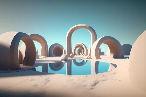 Prompt: minimalistic surreal interior with archs in the desert, architecture visualisation, 3 d glass reflective objects, arcs, abstract pool around, sunny clear sky, vray render, muted colors, c 4 d