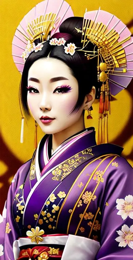 Prompt: High quality portrait of a Japanese Oiran. she is walking in a cherry blossom garden, She has lightly colored pale skin and is very beautiful. Her hair is black and is decorated with purple, silver, and gold hairpins. Her elaborate kimonos are white and purple with checkered patterns. She wears a blue spider lily on her left ear and wears a beautiful purple obi patterned with traditional Japanese mist colored white.