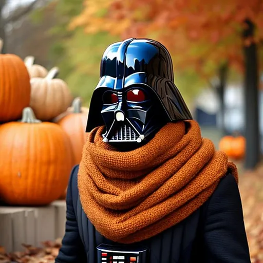 Prompt: Darth Vader wearing a fall scarf and pumpkin spice latte
