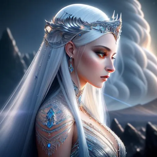 Prompt: 3/4 view, Insanely detailed photograph of an elaborate and enigmatic "ethereal fire crystal woman", realistic, cinematic, intricate and hyperdetailed, silver filigree,  fantasy art, album cover art, volcano, 3D soft lighting, beautiful woman, long white hair, midnight, human like features, fire