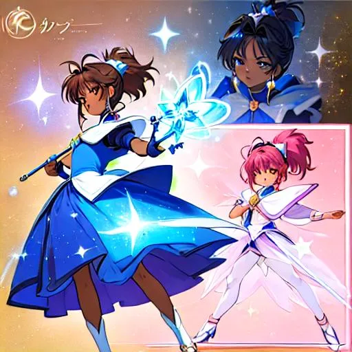 Prompt: A character sheet of an anime magical girl with  hair and dark skin, covered in stars. blue accents on outfit. holding a wand Concept Art. puffy skirt. Card captor Sakura inspired.  reference sheet, different expressions,  different poses, concept sheet,  beautiful face, ponytail