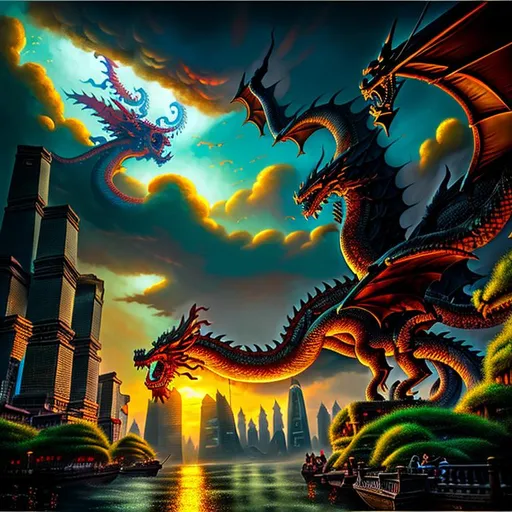 Prompt: Giant Flying Dragon In Shanghai, Highly Detailed, Dramatic Lighting, Glow, Light, Surrealism, Fantasy, Fantasy, Hyperdetailed, Concept art, Digital art, Jordan Grimmer, Darek Zabrocki