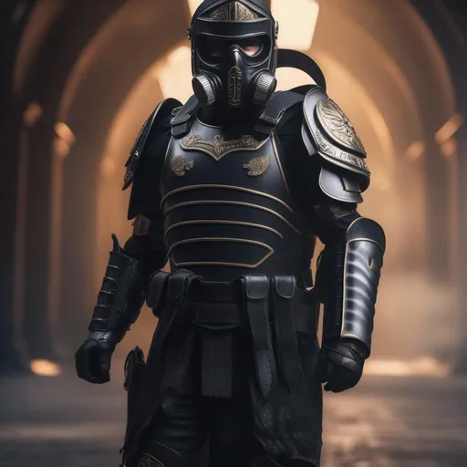 Prompt: A modern roman military male in black military roman armor and shield scutum, and gas mask, background sci fi war, Hyperrealistic, sharp focus, Professional, UHD, HDR, 8K, Render, electronic, dramatic, vivid, pressure, stress, nervous vibe, loud, tension, traumatic, dark, cataclysmic, violent, fighting, Epic