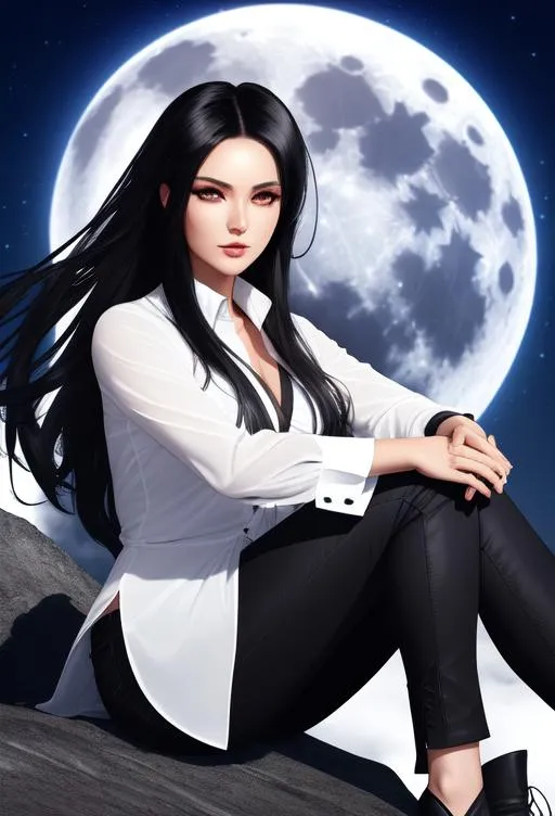 Prompt:  A portrait of a gorgeous  Evil and  grim-looking  woman  ,black hair ,  lustful  eyes, wearing  leathe pants  and white shirt  ,  sitting on a high hill  ,  dark night, big moon    background . The wind is blowing her hair and clothes, creating a sense of movement and drama, Pretty girl, perfect anatomy, centered, highly detailed, character sheet, artstation, concept art, smooth, sharp focus, illustration,intricate, elegant, 8K,  unreal engine ,cinematic, colorful background, concept
art, dramatic lighting, high detail, highly detailed, hyper realistic, intricate, intricate sharp details,octane render, smooth, studio lighting, trending on artstation
