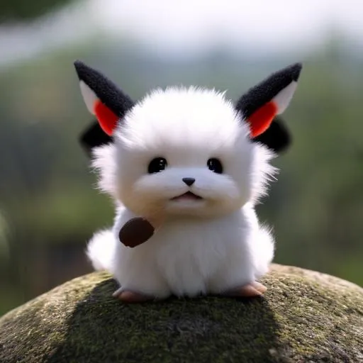 Prompt: a photorealistic cute cuddly fluffy pokemon seated on a flying boulder.