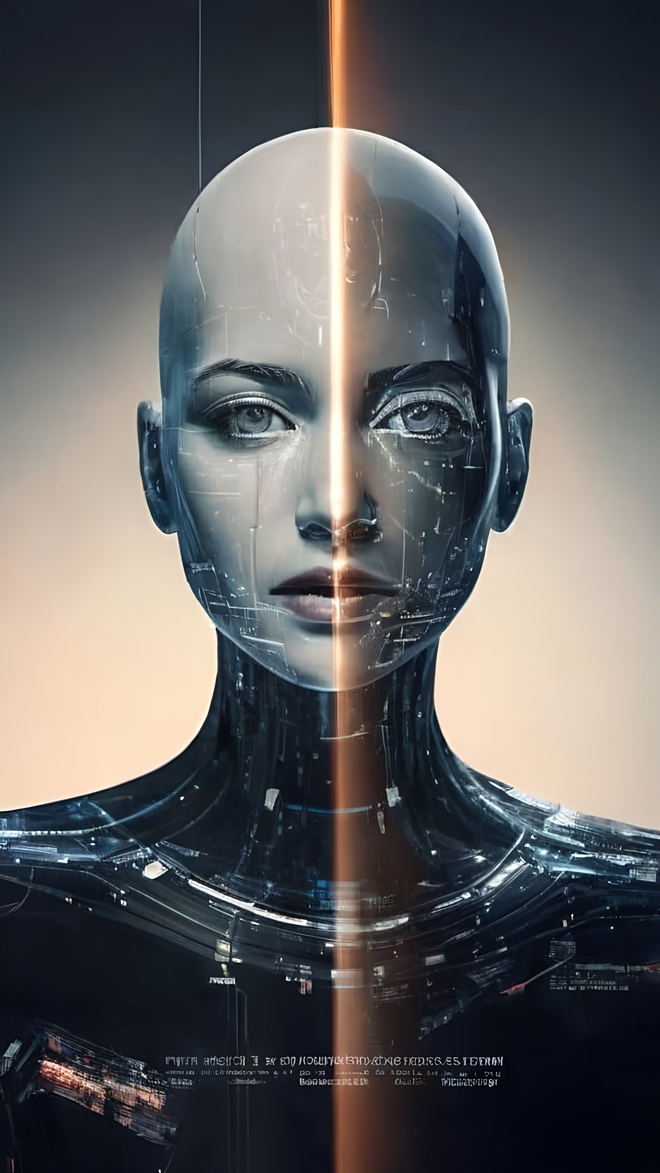 Prompt: a woman with a futuristic face and a futuristic body, with a futuristic background and lines of light coming from her face