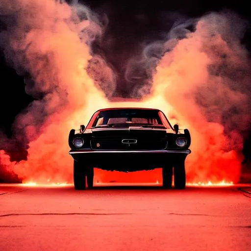 Prompt: Black Mustang car only head lamps  lit smoke filled dark background rim lighting man in silhouette 