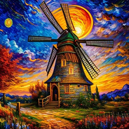 Prompt: Insanely detailed giant windmill, twirling windmill, medow, summer sunset, warm lighting, Mix media Oil painting by Josephine wall,magical, fantasy, ultra-detailed, by van Gogh