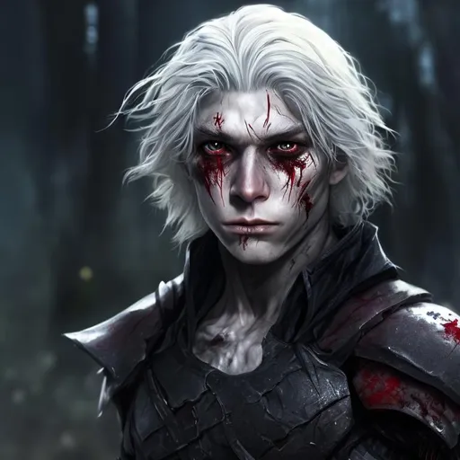 Prompt: human, young, white hair, men, mutant, scars, black clothes, blood, light armor, boy
