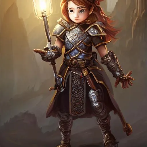 Prompt: Portrait, cute, playful, and spunky Female dnd gnome, carrying sword made of light, wearing intricate embossed metal armor, dark brown hair, brown eyes, d & d, fantasy, intricate, elegant, highly detailed, digital painting, artstation, centred, rule of thirds, concept art, matte, sharp focus, illustration, forrest background