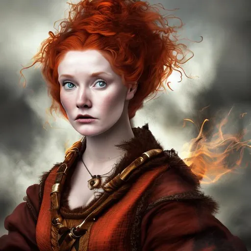 Prompt: hyper realistic of a 15th century scottish woman with cute face looking scared flaming red hair