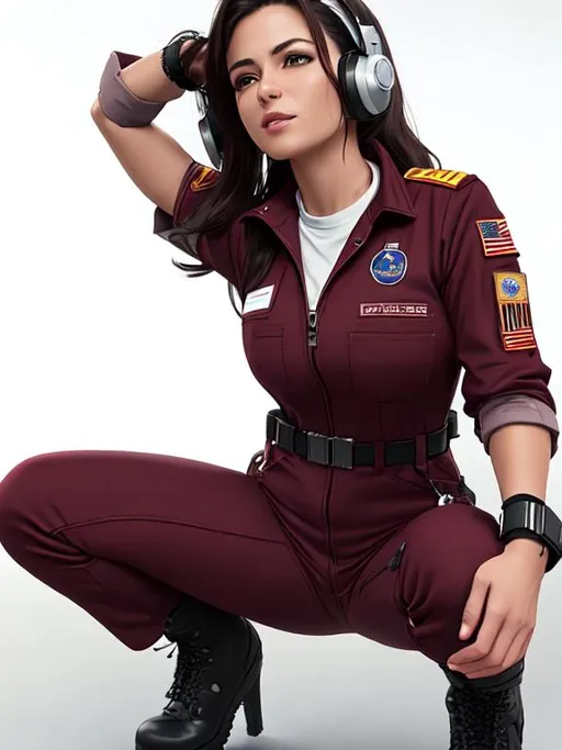 Prompt: Woman in maroon coveralls, work belt, Mars patch over right ((breast)), name badge, robotic headset, woman squatting down facing forward,  woman with dark hair, dark boots, space tech, space colonial setting, 8k, realistic art, high definition