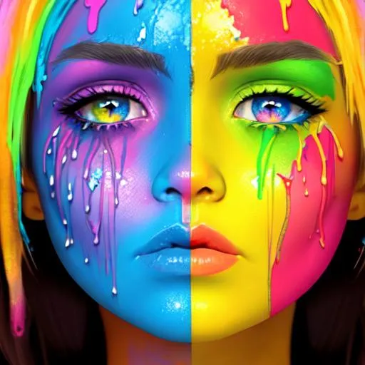 Prompt: female face dripping  paint in rainbow colors, blue eyes, facial closeup