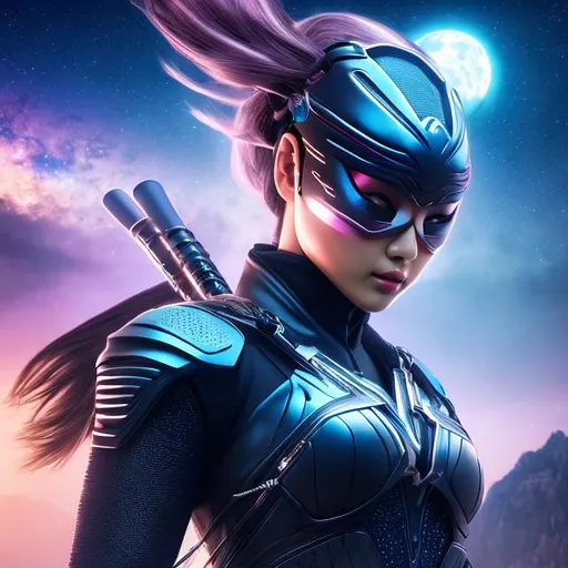 Prompt: create photograph of beautiful female ninja who is wearing bright futuristic ninja suit,  night time and beautiful sky  space and planets an nebulae in sky highly detailed, detailed face, extremely detailed environment, extremely detailed background, extremely detailed skin, extremely detailed clothing, natural colors , professionally color graded, photorealism, 8k, realistic, moody lighting, galactic environment, volumetric lighting