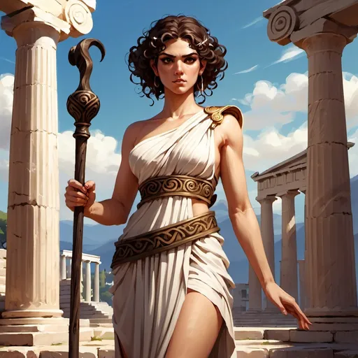 Prompt: Full body, Fantasy illustration of a female Greek, 28 years old, oliv skin, greek toga, long black corkscrew curls, arrogant expression, pretentious look, holding a wooden wizard staff, high quality, rpg-fantasy, detailed, ancient Greek Agora, illustrated, art, painting 