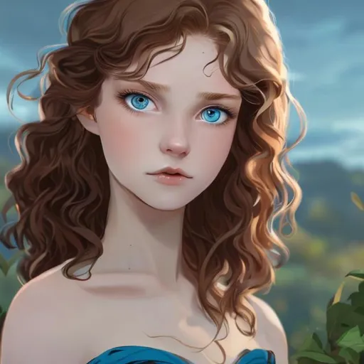 Prompt: A young woman with an ivory complexion, red wavy shoulder-length hair, and large blue eyes,