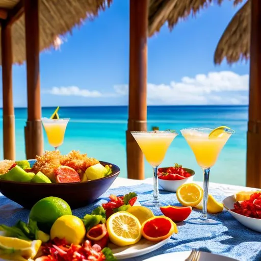 Prompt: "Generate an image of a scene at a tropical beach resort. The table should prominently feature a glass of exceptionally refreshing and sparkling lemon juice made from bright green Tahiti lemons with ice cubes. Include a separate plate with beautifully presented breaded shrimp. Additionally, showcase a glass serving dish filled with a vibrant and inviting tropical fruit salad, all radiating a sense of beauty, shine, and the inviting atmosphere of a beachside summer vacation."
ultra hd, realistic, vivid colors, highly detailed, UHD drawing, pen and ink, perfect composition, beautiful detailed intricate insanely detailed octane render trending on artstation, 8k artistic photography, photorealistic concept art, soft natural volumetric cinematic perfect light