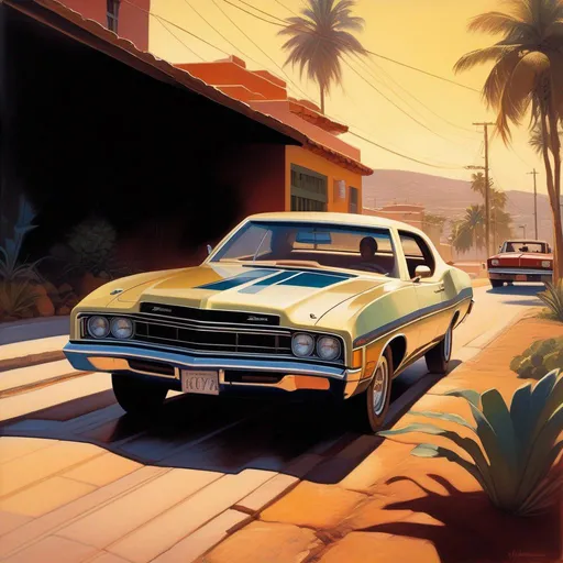 Prompt: 1970s, San Juan, car chase, sunny weather, warm atmosphere, cartoony style, extremely detailed painting by Greg Rutkowski and by Henry Justice Ford and by Steve Henderson