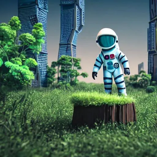 Prompt: spaceman exploring an abandoned 3D cityscape now overrun with vegetation and new animals 