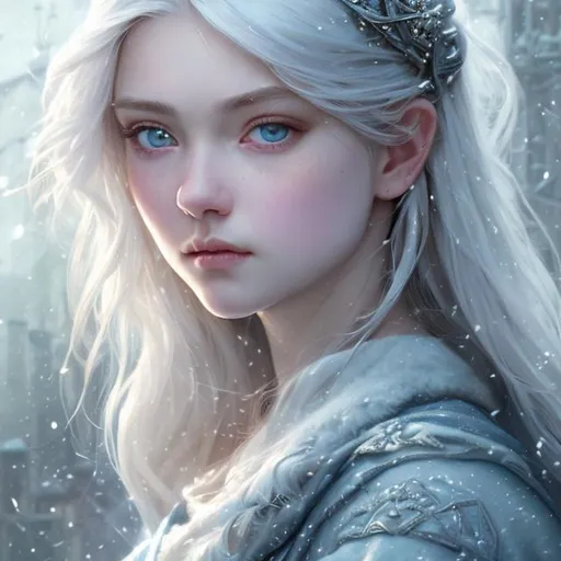 Prompt: Closeup face portrait of a scottish princess 15th century white hair and slate blue eyes smooth soft skin, small shallow eyes, beautiful intricate colored hair, symmetrical, snowing, soft lighting, detailed face, by makoto shinkai, stanley artgerm lau, wlop, rossdraws, concept art, digital painting, looking into camera