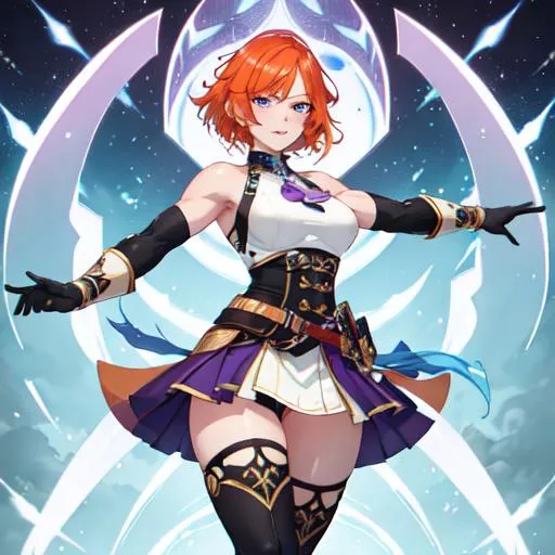 Prompt: Erikku male (short ginger hair, freckles, right eye blue left eye purple) muscular, UHD, 8K, Highly detailed, insane detail, best quality, high quality. wearing a skirt, wearing thigh highs