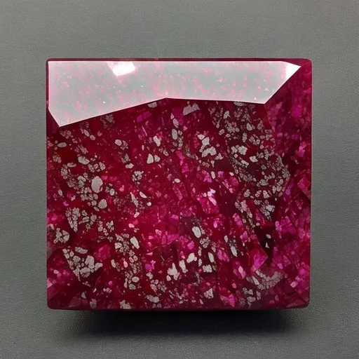 Prompt: A square-cut ruby with distinct veins of granite embedded on the surface of the ruby.