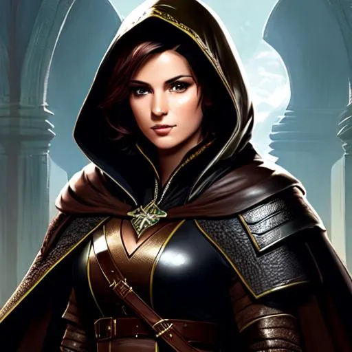 Prompt: dnd, rogue, portrait, short hair, female, wearing full robes, leather armor, hooded cape, wearing a tunic