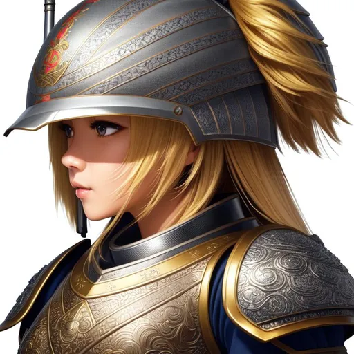 Prompt: high res, extremely detailed, japanese JK, slim body, beauty, blonde hair,high detailed Sculpture armor and helmet, one girl,detailed face,handing lance