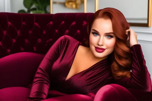 Prompt: Glamour shot photo, full body of a woman who resembles Madelaine Petsch with blue eyes, smooth soft skin, laying back on her Burgundy Samuel Tufted Roll Arm Chaise Lounge, comfortably looking into the camera, gentle smile, fine textured shiny wavy hair, centered in frame, symmetrical face, bbw, perfect body, 85mm lens, f8, photography, ultra details, HQ, 8K, soft light, blurry background, photo, lit by candlelight 