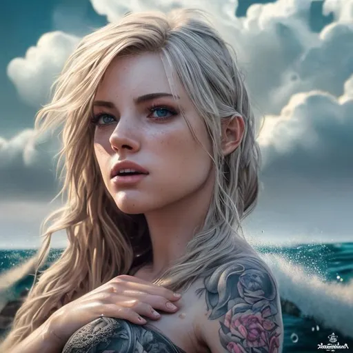 Prompt: (extremely detailed) (hyper realistic) (sharp detailed) (cinematic shot) (masterpiece)woman, beach, light from above,professional work, professional poses, detailed hands,high detailed five finger,  centered,extremely fullbody detailed, extremely face detailed, tattooed, fullbody view, extraordinary shot, modeling poses, clouds, 3D illustration, high resolution, reflactions, epic lights background.
