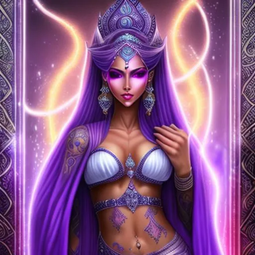 Prompt: djinn, monk, glowing tattoos, lilac hair, (metallic  hair), plain white robes, female, illustration, portrait, (athletic body), (tan skin), (long legs)