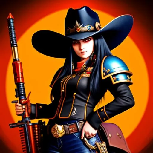 Prompt: Warhammer 40k, Cowboy hat, Female Gunslinger with twin revolvers in her hands, Rogue Trader, Long hair, Black Hair, Space, orange eyes, Bayonetta, Striking Scorpion Armour