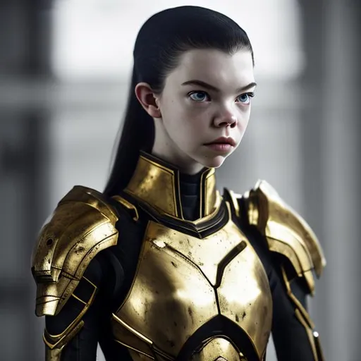 Prompt: monochrome, anya taylor-joy, bald, no hair, beautiful, pale, light skin, tall, skinny, anorexic, black scifi armor, gold details, scifi, futuristic
