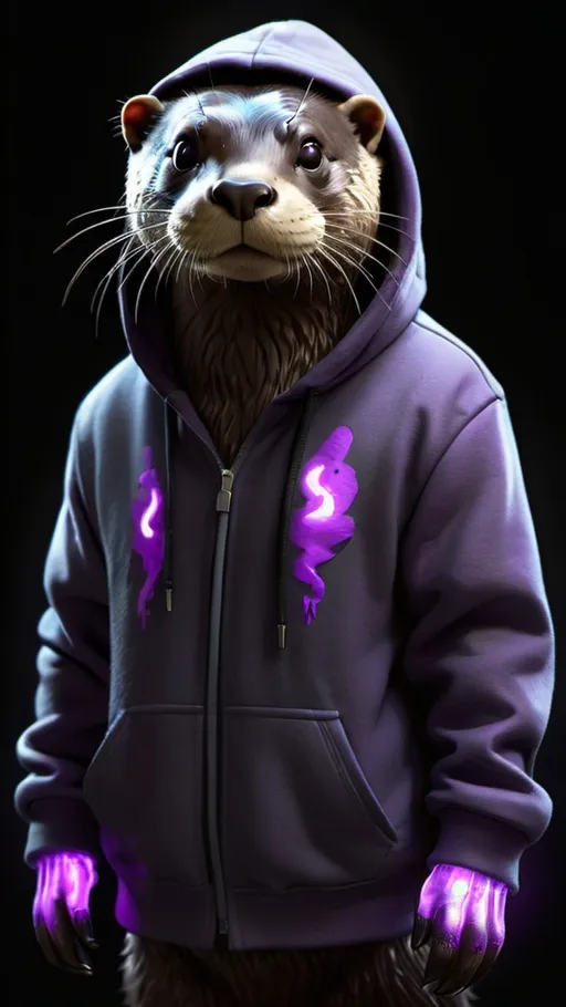 Prompt: Anthropromorphic otter standing character, grey black fur with glowing purple glyphs, hoodie, photorealistic